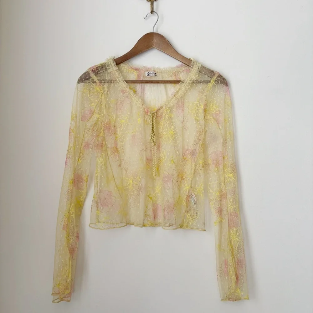 Intimately Free People Yellow Floral Sheer Mesh Top Small - Picture 1 of 8